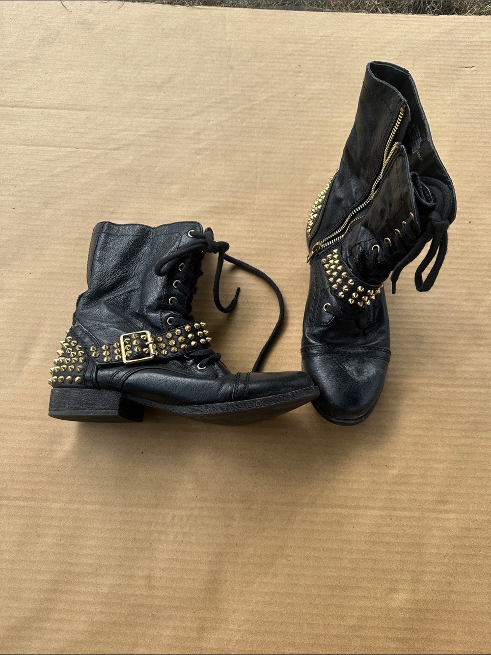 Steve Madden Black Studded Lace-Up Combat Boots with Gold Accents